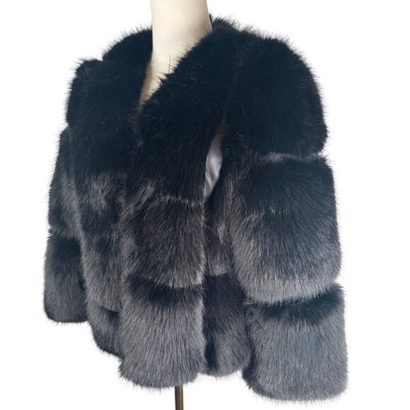 Black Faux Fur Tailored Jacket M Size 6 Lightweight Soft Short Elegant Coat New - Picture 7 of 14
